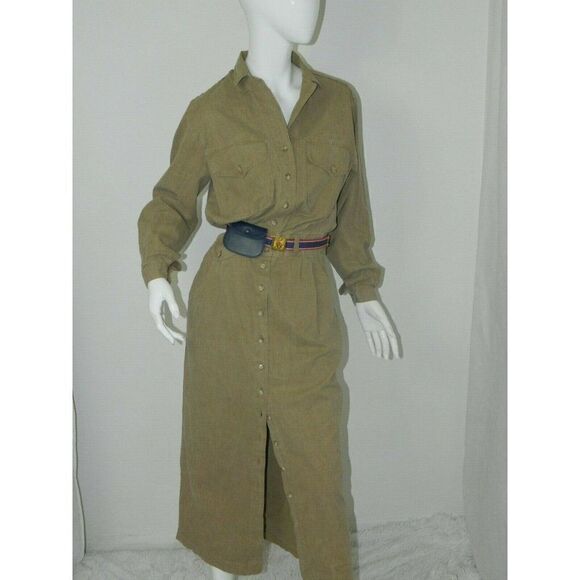 Vintage I. Magnin Dress Brown Green Khaki Utility Cargo Coverall Dress Size  S/M - Picture 1 of 11